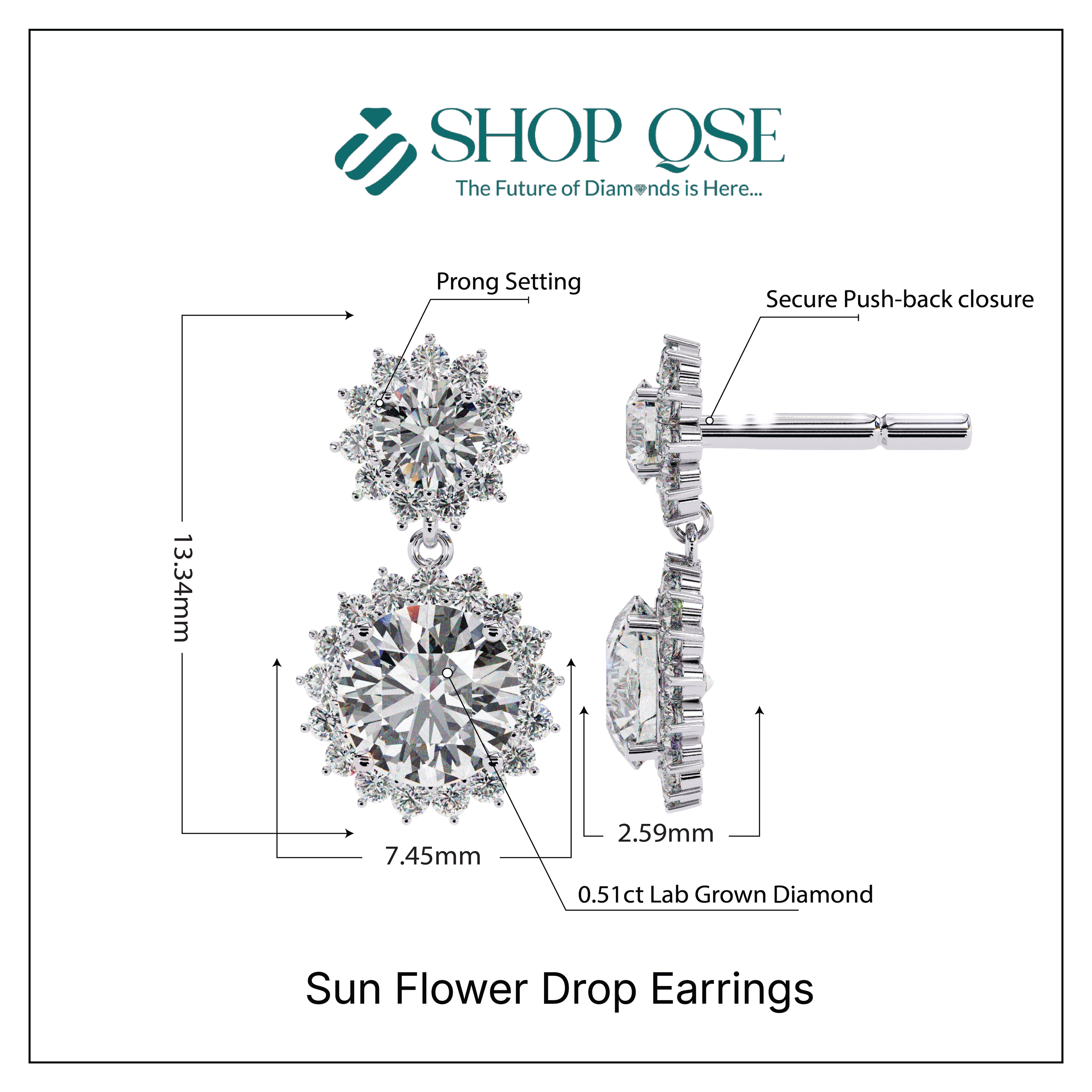 1.51ct Lab Grown Diamond Sun Flower Drop Earrings