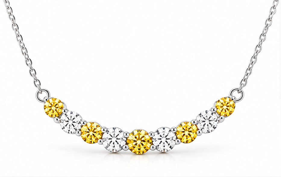 Yellow and white diamond curved line necklace front view