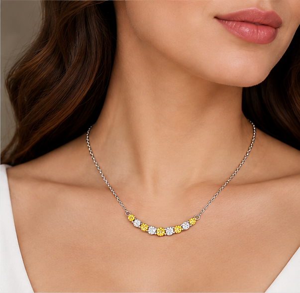 Yellow and white diamond curved line necklace model wearing necklace