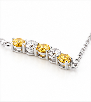 Yellow and white diamond curved line necklace side profile