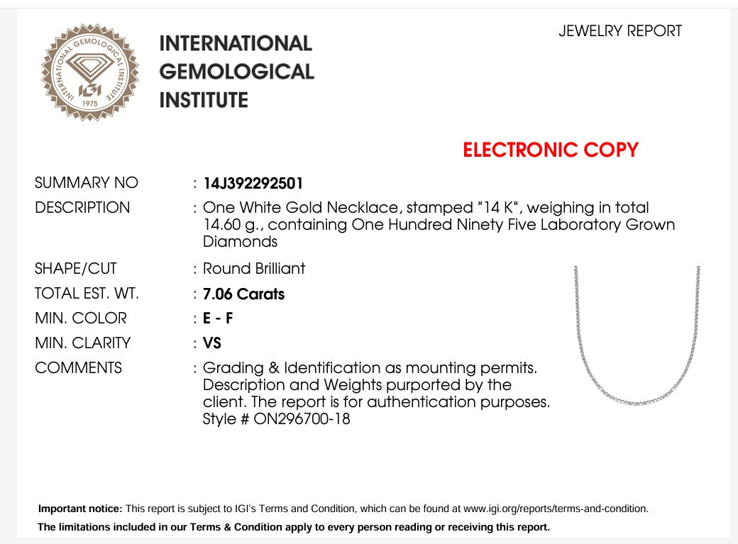 IGI Round Lab Grown Diamond Tennis Necklace (5-10 Carat) 18 Inches