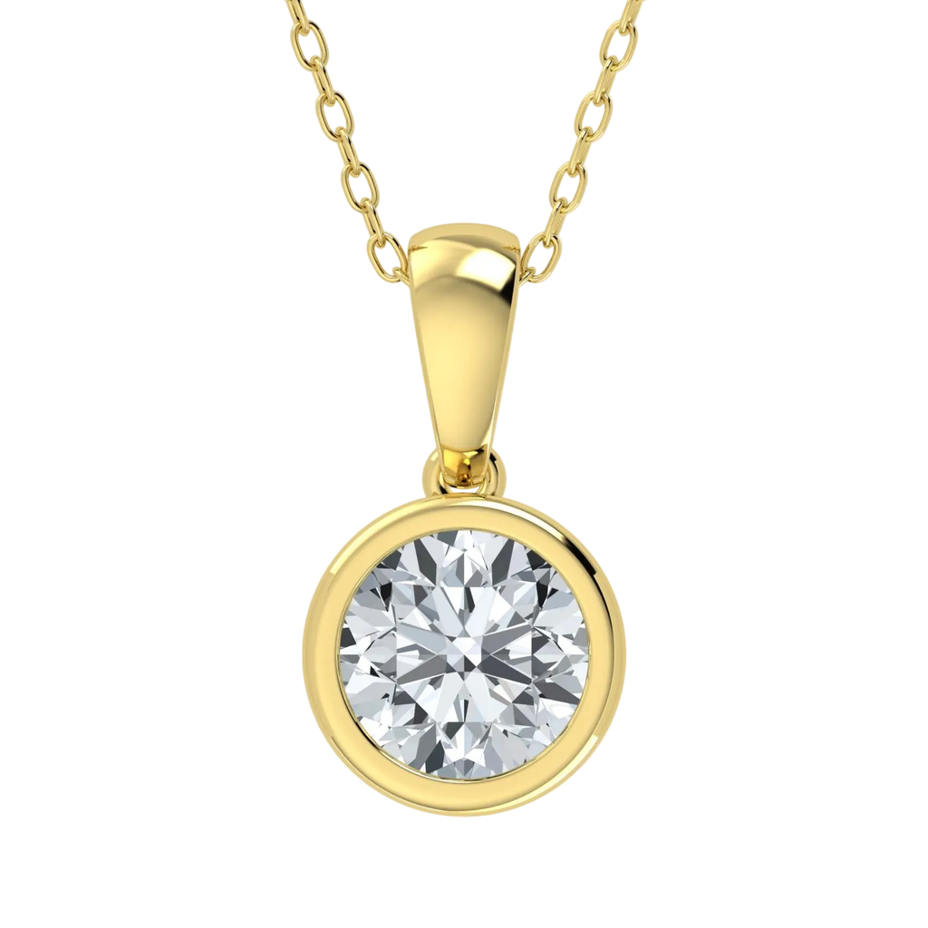 Gold necklace with a round diamond pendant on a white background