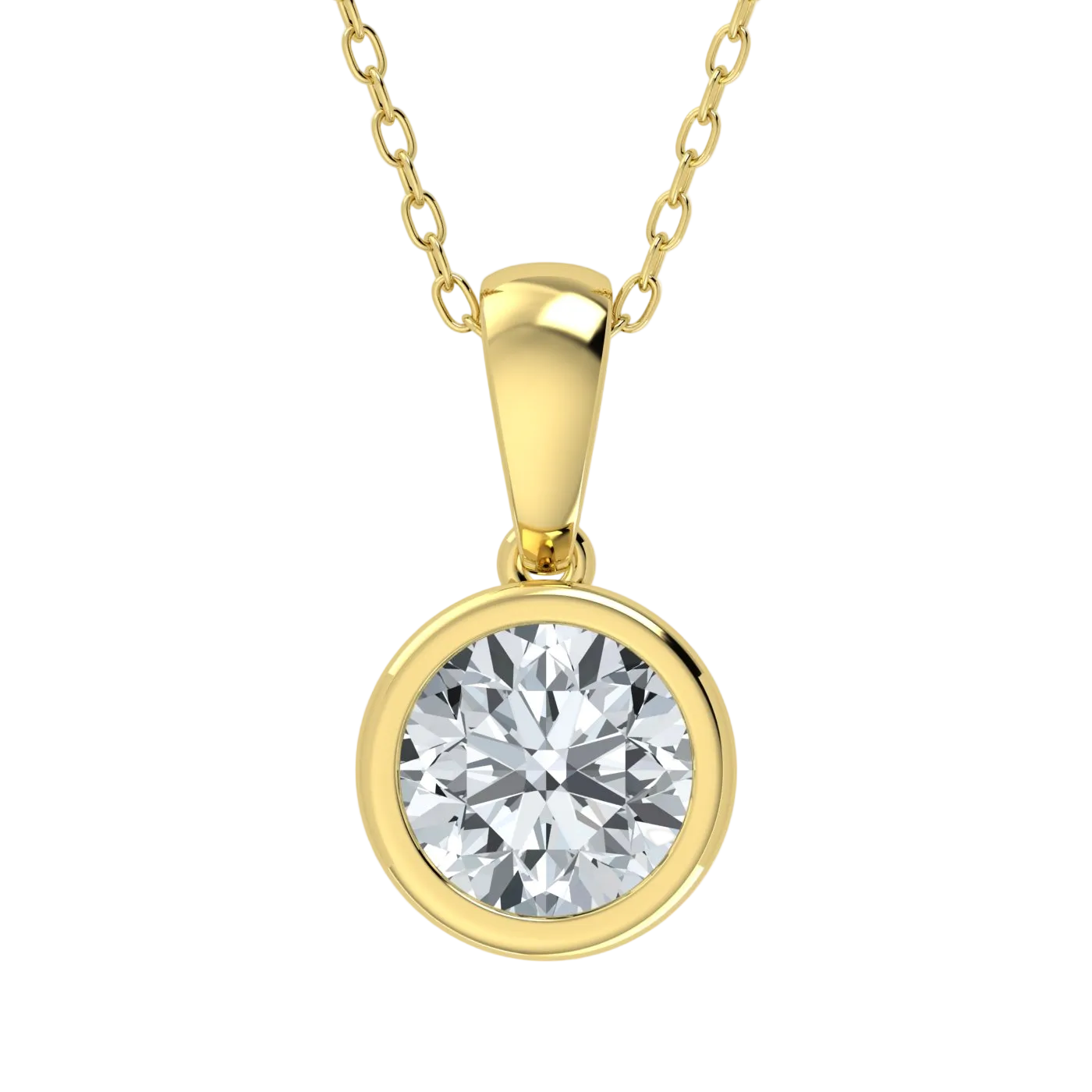 Gold necklace with a round diamond pendant on a white background