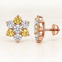 2 CTW mixed yellow and white lab-grown diamond floral cluster stud earrings in rose gold with screw backs
