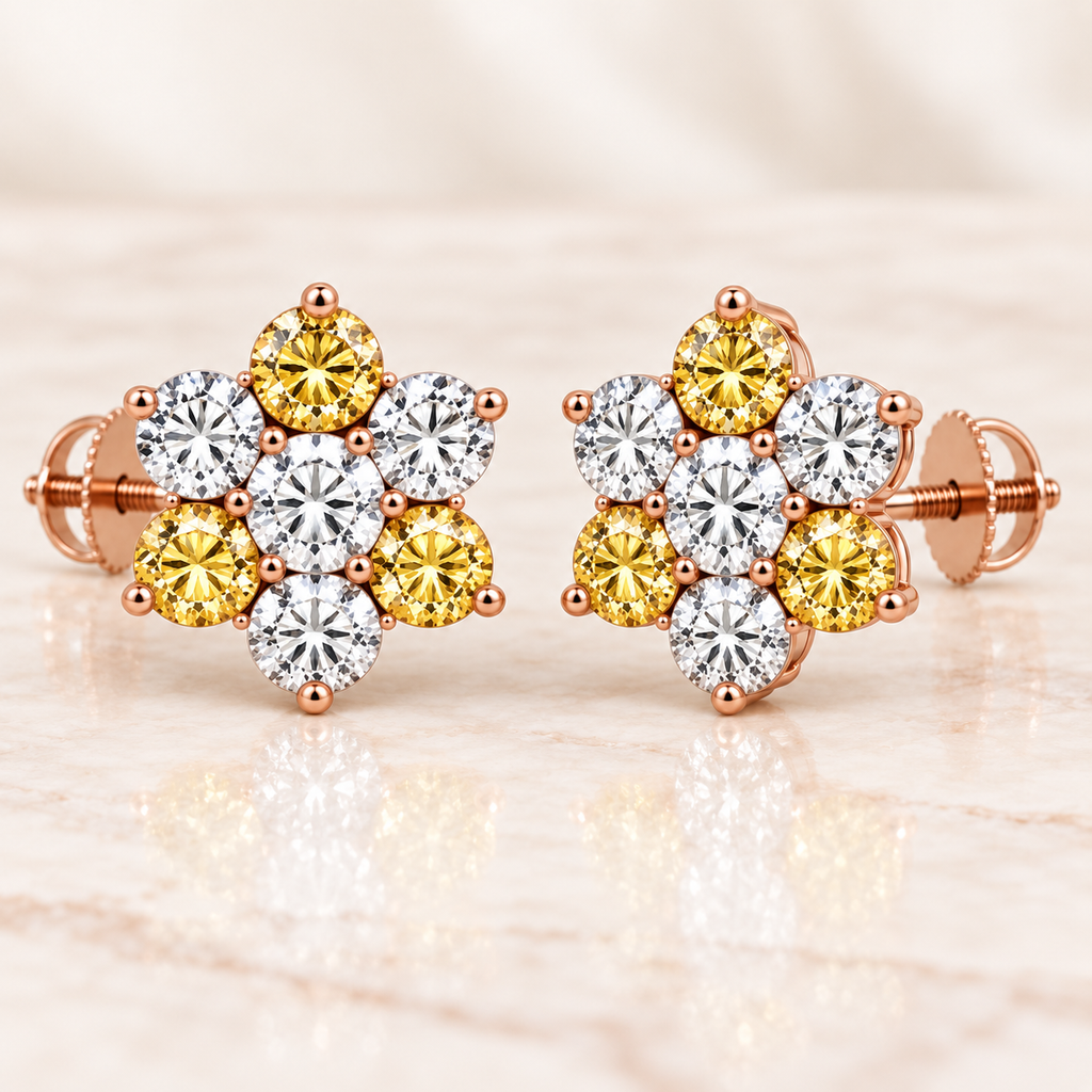 Pair of 2 CTW mixed yellow and white diamond floral cluster screw-back earrings in rose gold