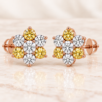 Pair of 2 CTW mixed yellow and white diamond floral cluster screw-back earrings in rose gold