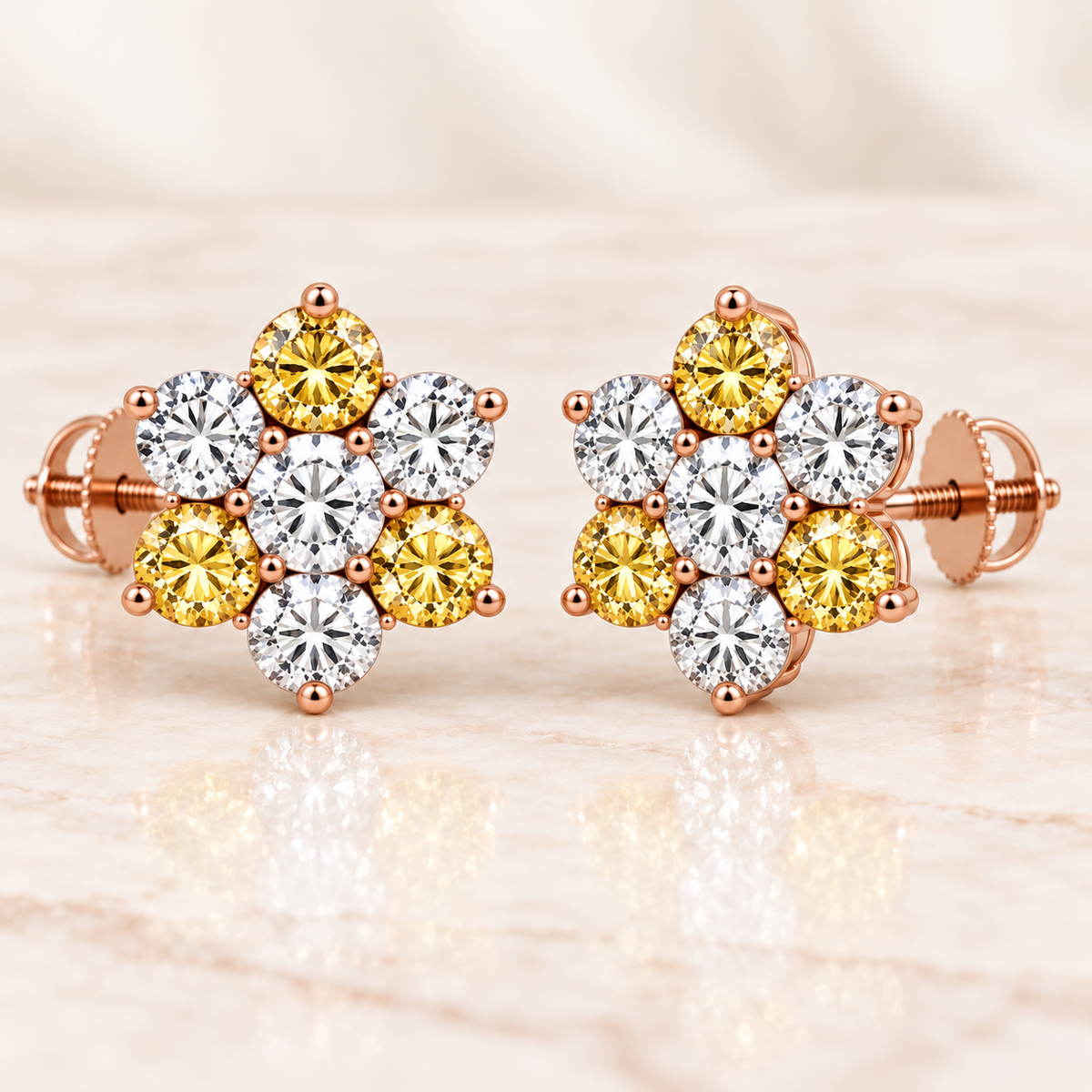 Pair of 2 CTW mixed yellow and white diamond floral cluster screw-back earrings in rose gold