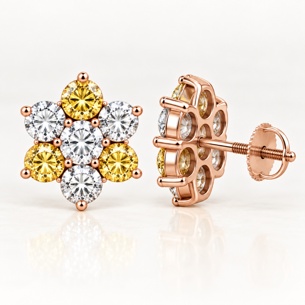 Rose-gold screw-back closure detail of mixed yellow and white diamond floral cluster earrings