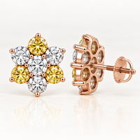 Rose-gold screw-back closure detail of mixed yellow and white diamond floral cluster earrings