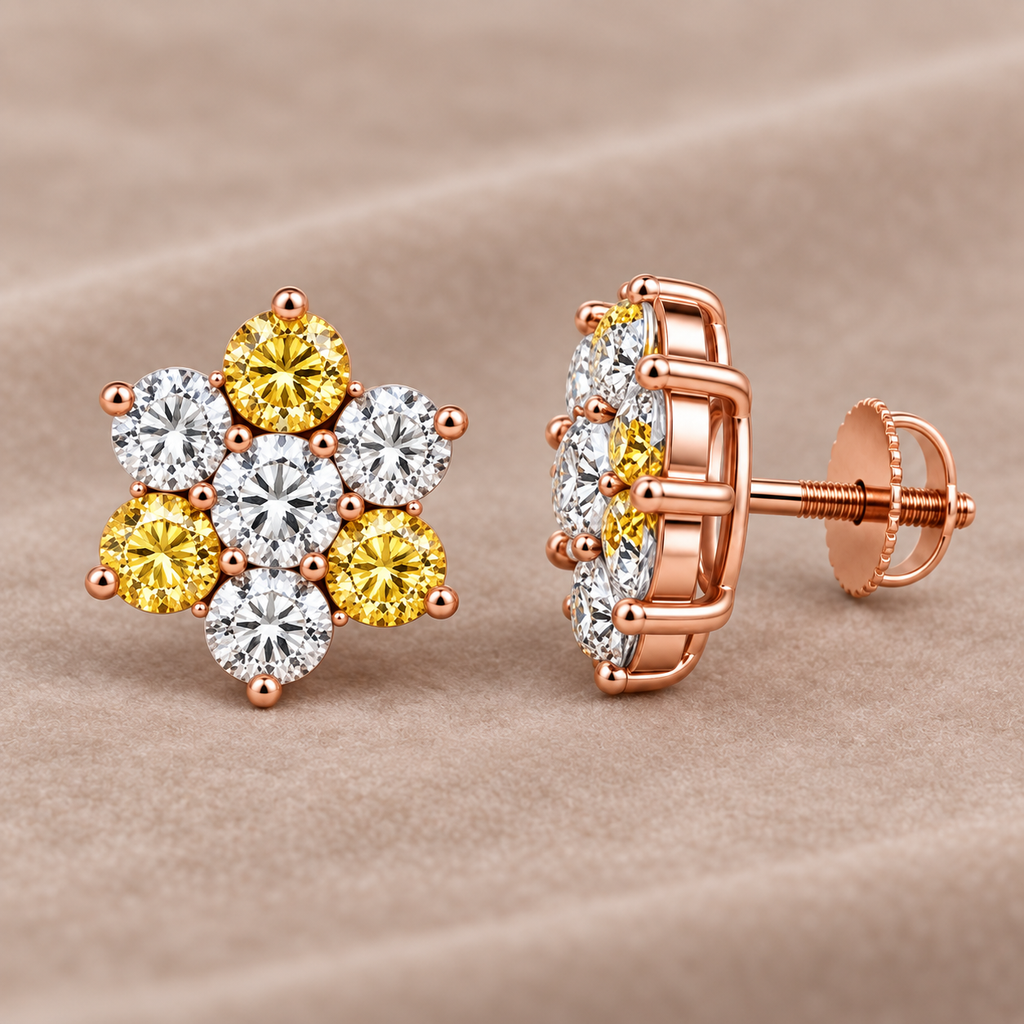 Side view of rose-gold mixed yellow and white diamond floral cluster screw-back earrings