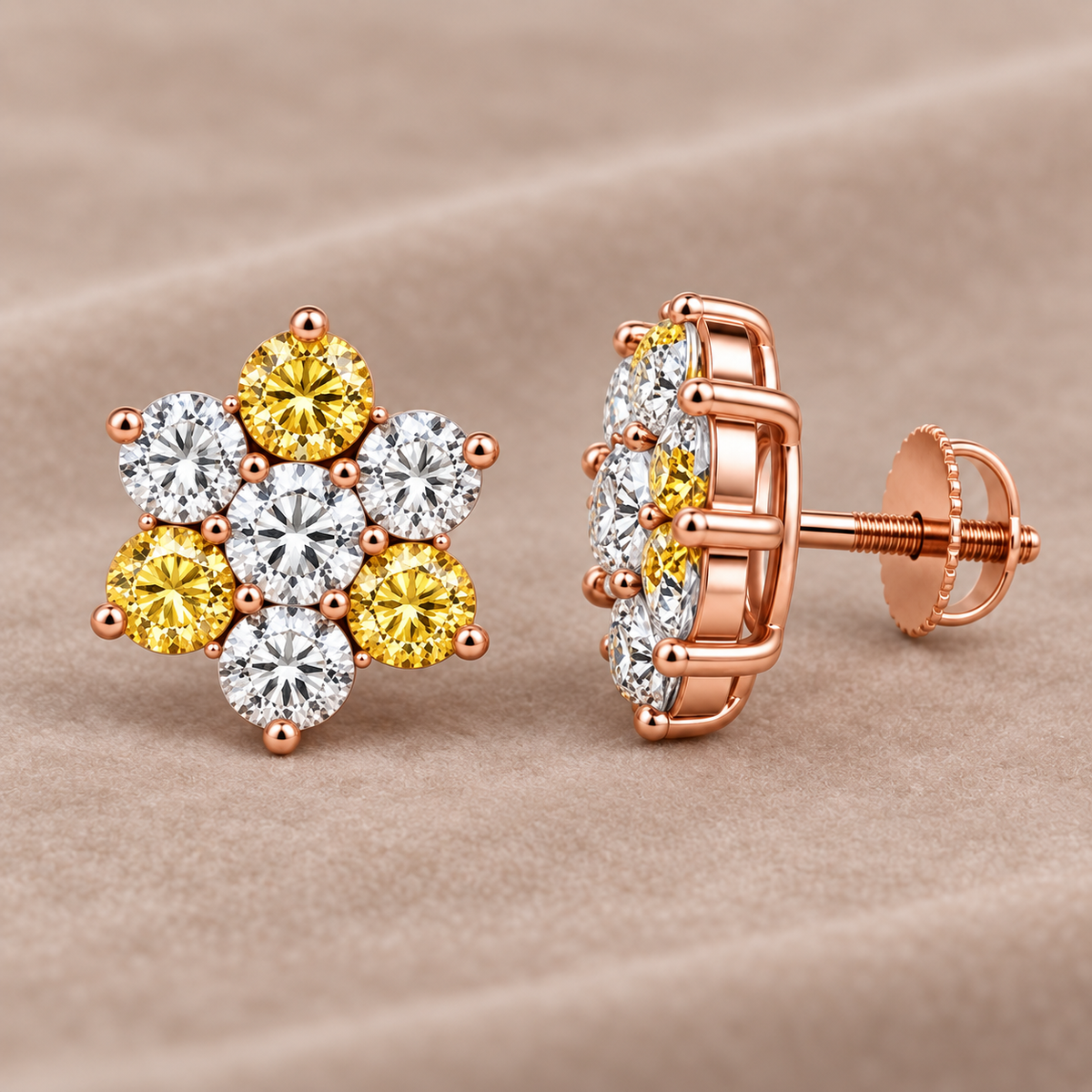 Side view of rose-gold mixed yellow and white diamond floral cluster screw-back earrings
