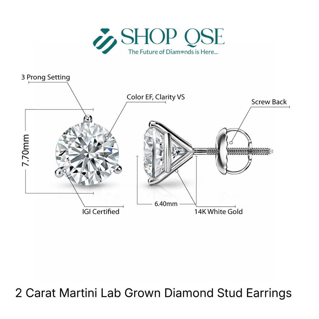 2 Carat Martini 3-Prong Lab Grown Diamond Stud Earrings