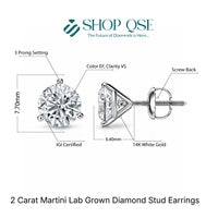 2 Carat Martini 3-Prong Lab Grown Diamond Stud Earrings