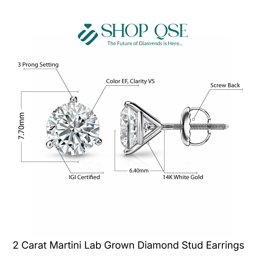 2 Carat Martini 3-Prong Lab Grown Diamond Stud Earrings