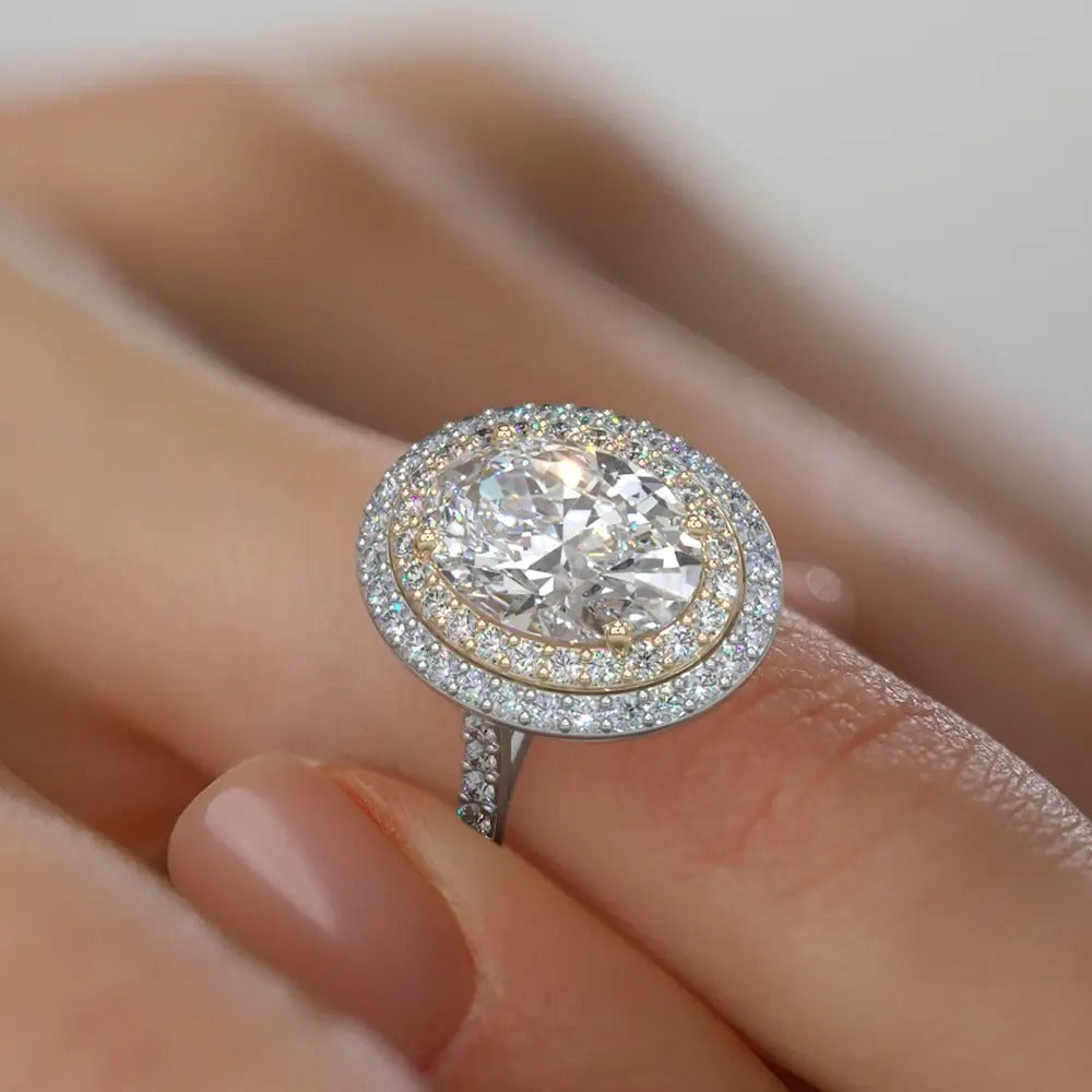 14K Gold 2 Tone Oval Double Halo Lab Grown Diamond Engagement Ring E VVS1 IGI