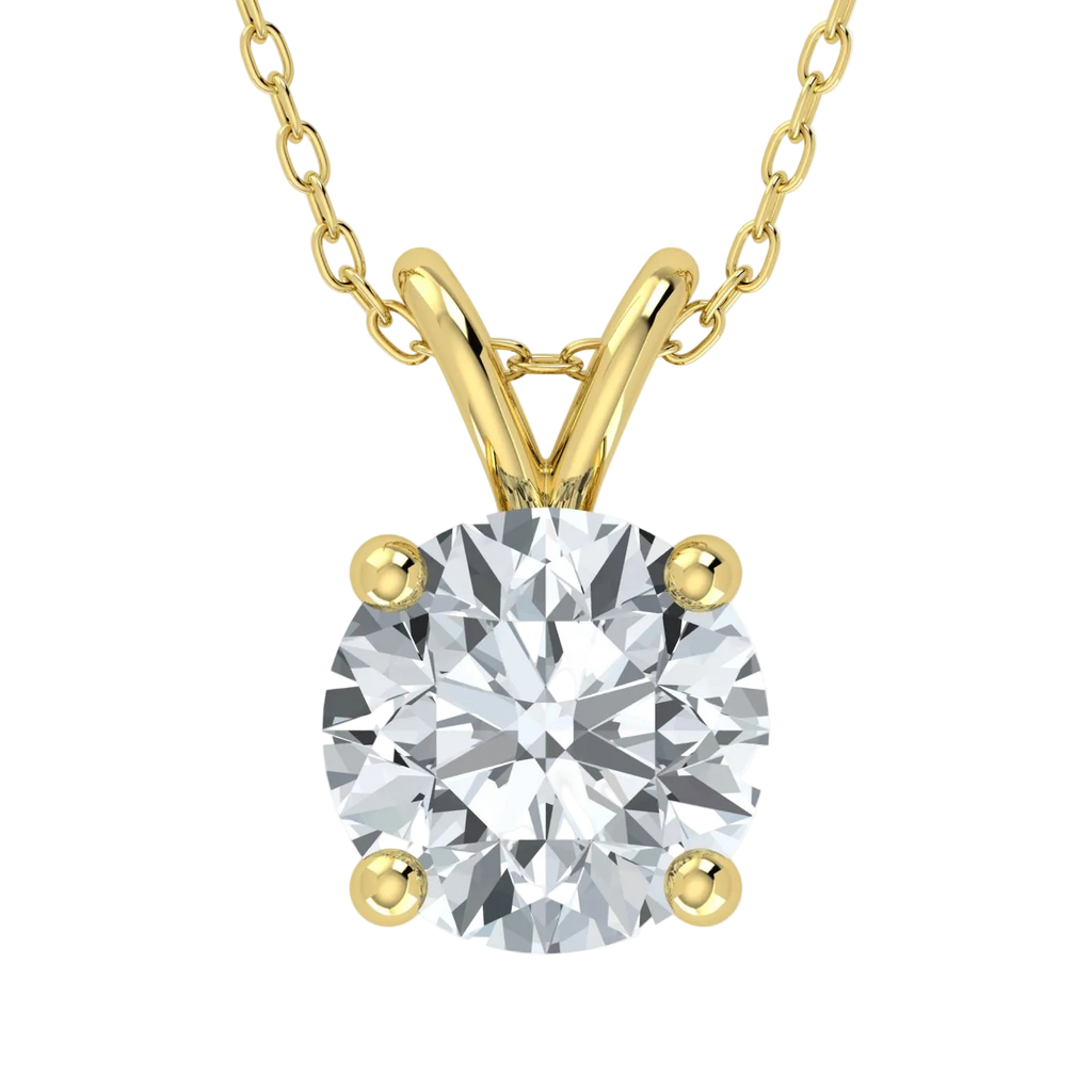Gold necklace with a round diamond pendant on a white background