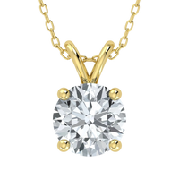 Gold necklace with a round diamond pendant on a white background
