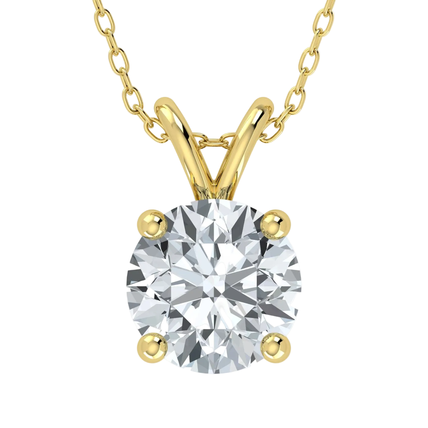 Gold necklace with a round diamond pendant on a white background