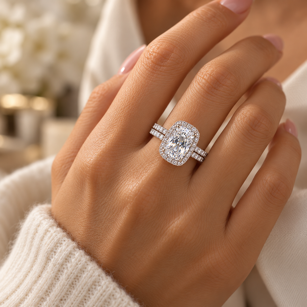 14K white gold cushion halo ring on model – rendered illustration