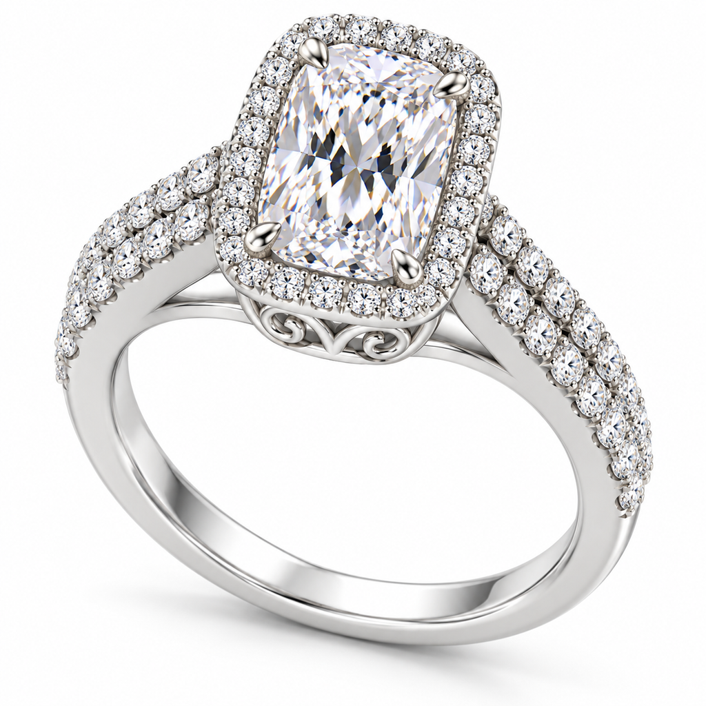 14K white gold elongated cushion halo ring - angled view, rendered illustration