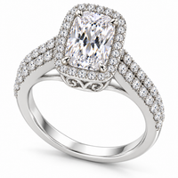 14K white gold elongated cushion halo ring - angled view, rendered illustration