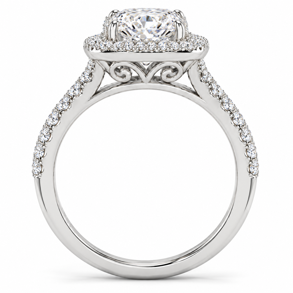14K white gold elongated cushion halo ring - side view, rendered illustration