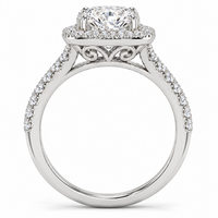 14K white gold elongated cushion halo ring - side view, rendered illustration