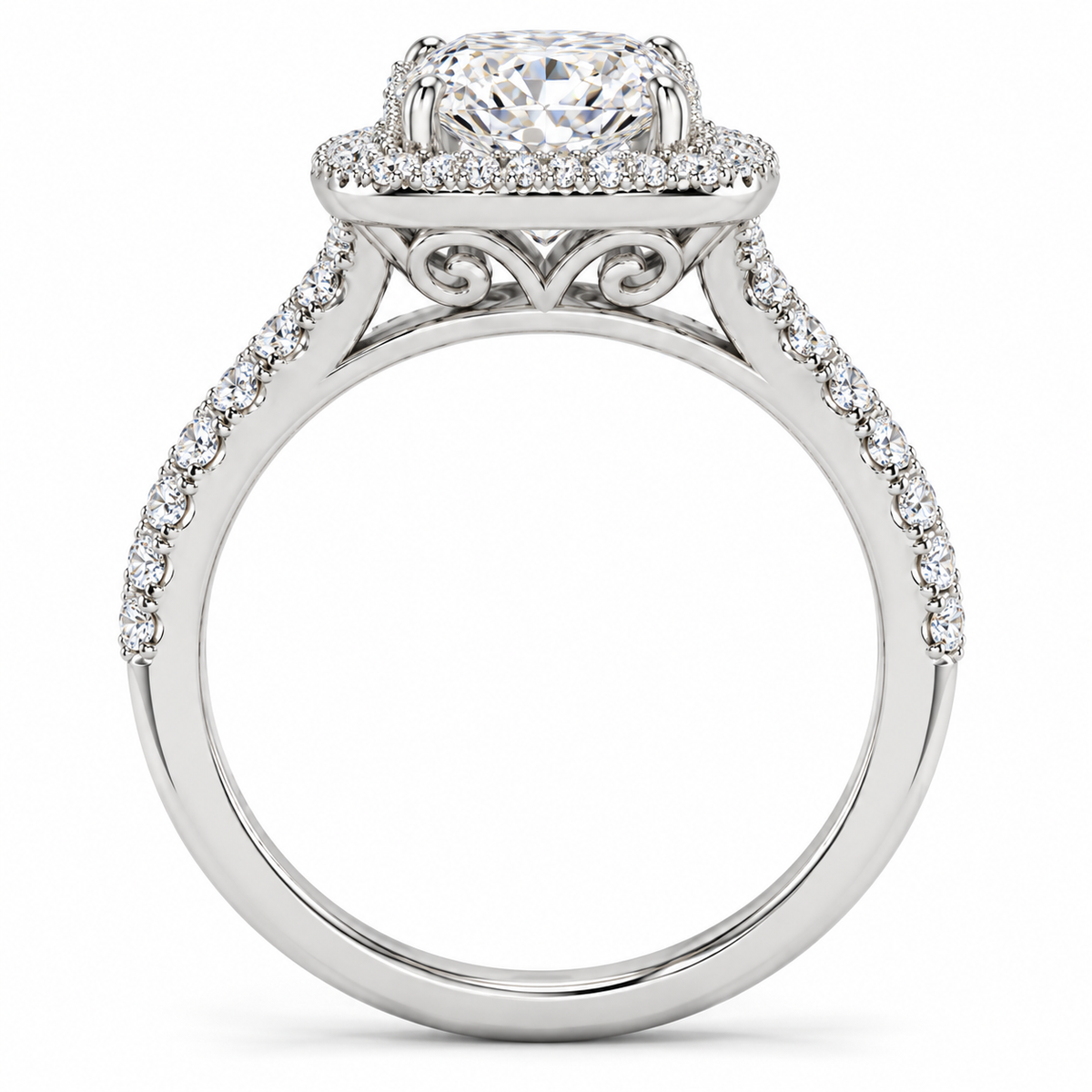 14K white gold elongated cushion halo ring - side view, rendered illustration