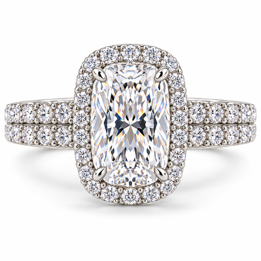 14K white gold elongated cushion halo ring - top view, rendered illustration