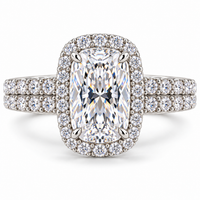 14K white gold elongated cushion halo ring - top view, rendered illustration