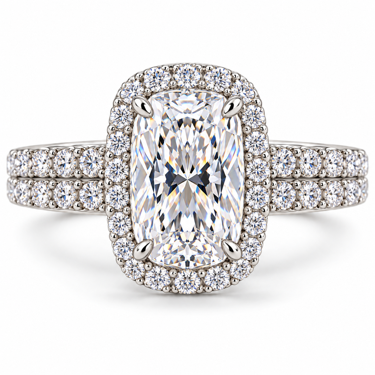 14K white gold elongated cushion halo ring - top view, rendered illustration