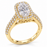 14K yellow gold elongated cushion halo ring - angled view, rendered illustration