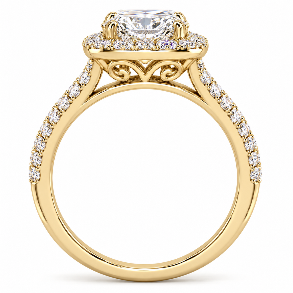 14K yellow gold elongated cushion halo ring - side view, rendered illustration