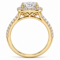 14K yellow gold elongated cushion halo ring - side view, rendered illustration