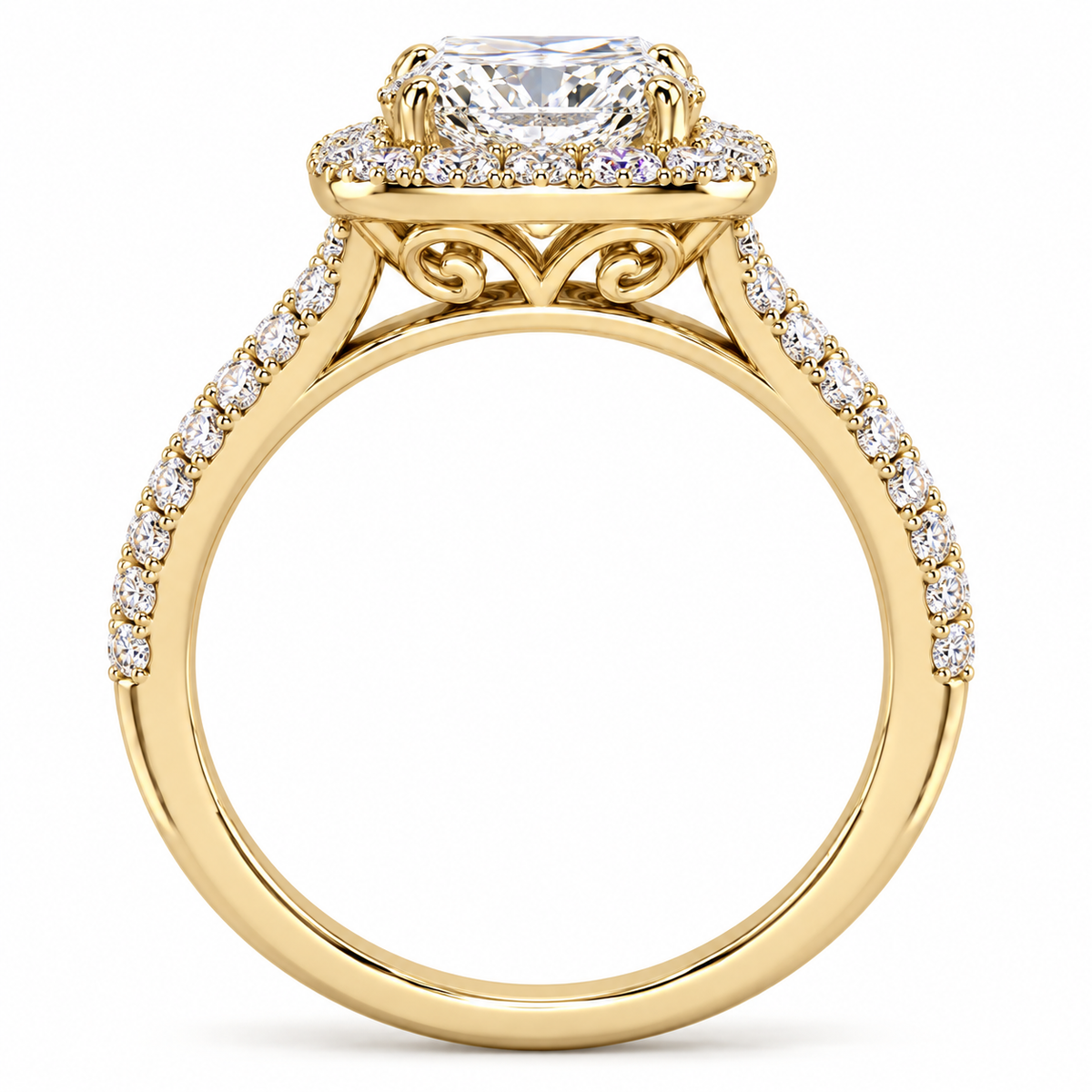 14K yellow gold elongated cushion halo ring - side view, rendered illustration