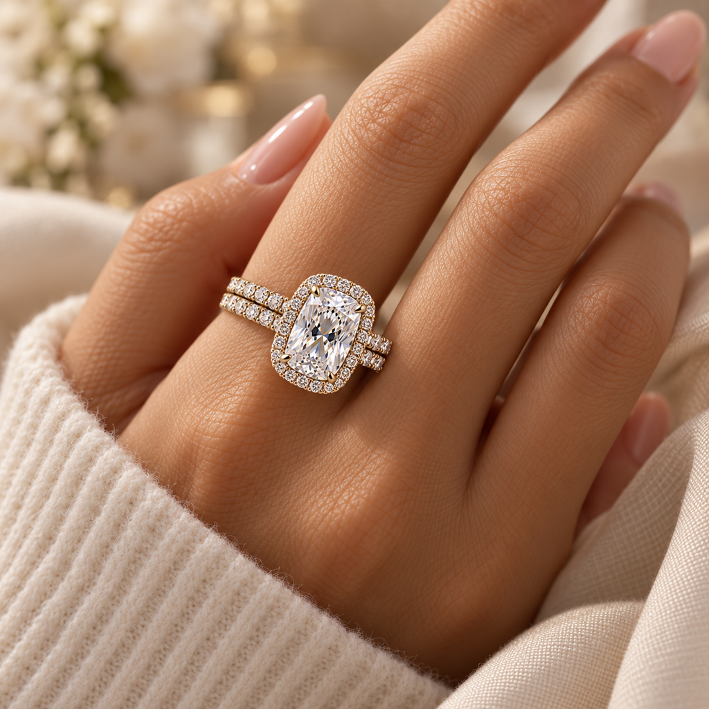 14K yellow gold cushion halo ring on model – rendered illustration