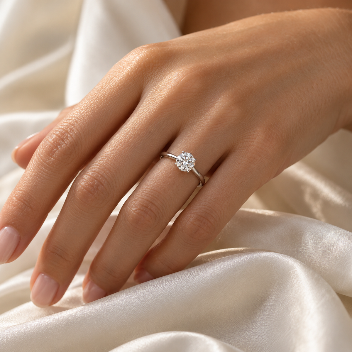 Model wearing a round lab-grown diamond solitaire ring in white rhodium-finished sterling silver