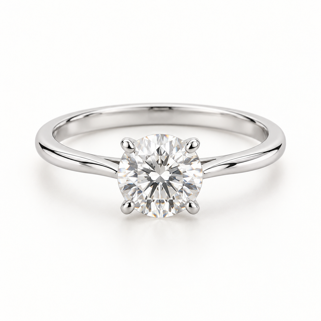 Round lab-grown diamond solitaire ring in white rhodium-finished sterling silver